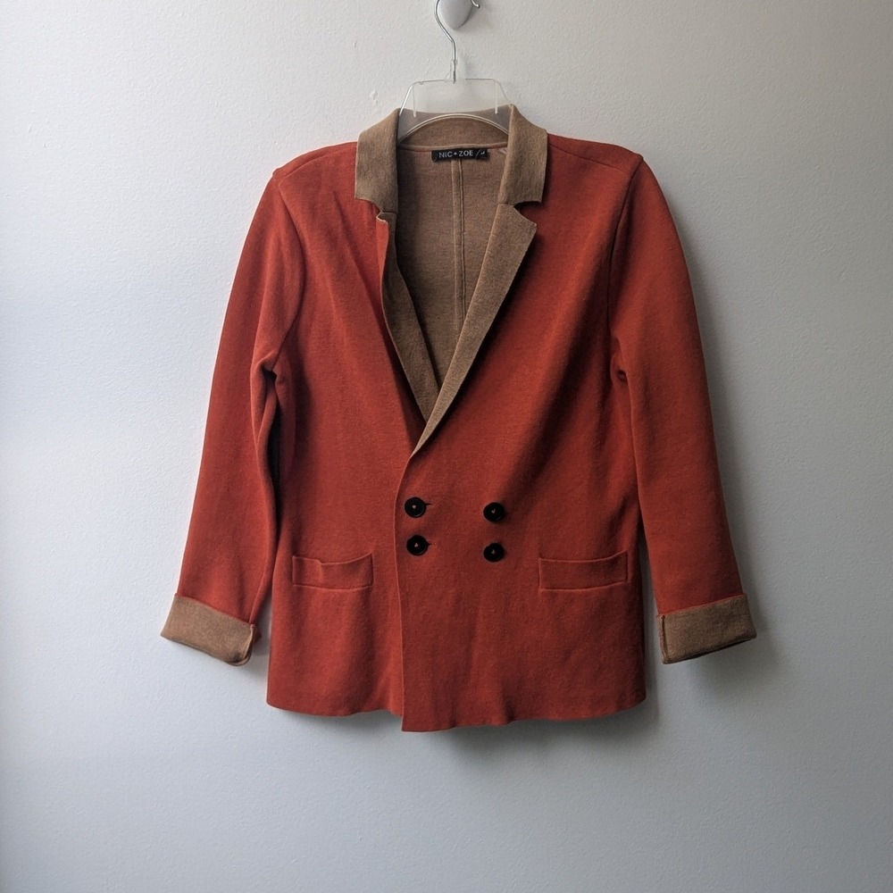 NIC+ZOE Knit Blazer Burnt Orange Tan Double Breasted Cardigan Sz L Academia